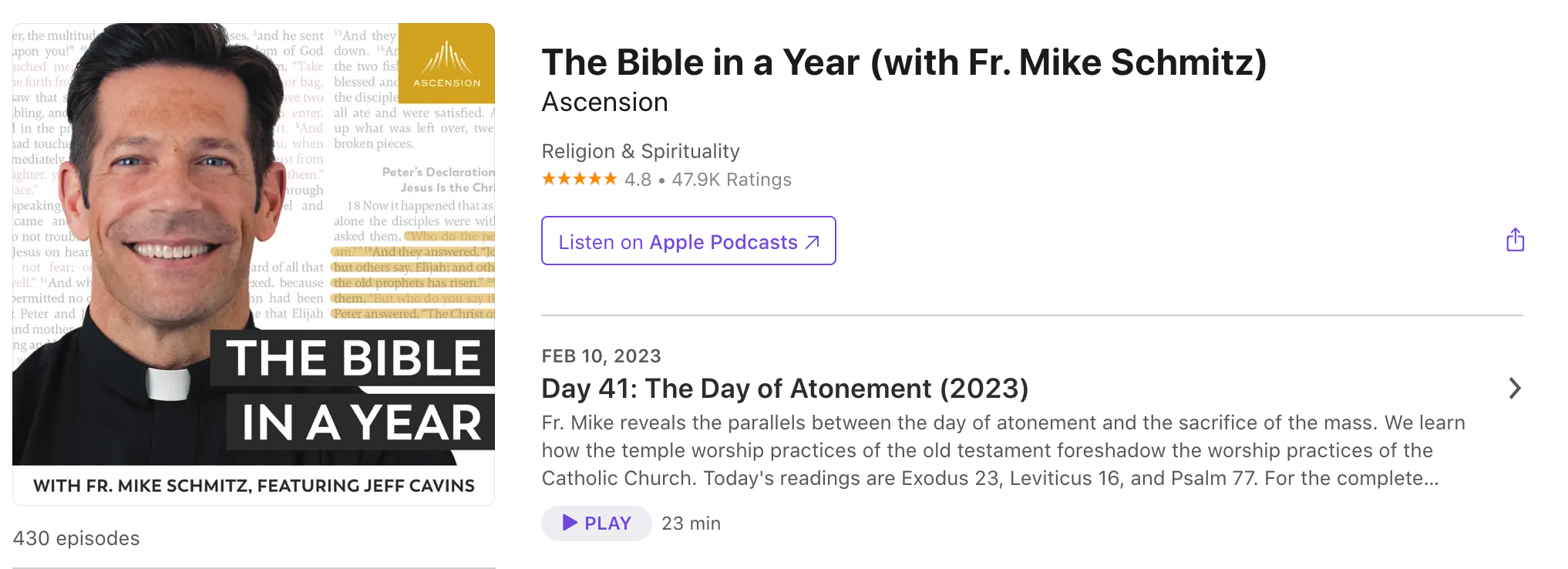 邁克．施密茨神父的《全年讀經》曾久居排行榜第一名。（圖／截圖自Apple Podcast）